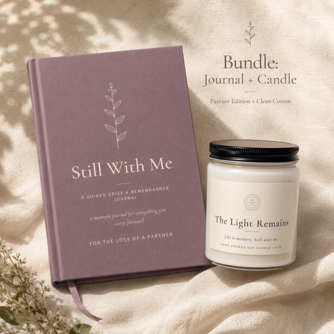 Still With Me gift set: the Partner edition grief journal with The Light Remains memorial soy candle (Clean Cotton) on linen