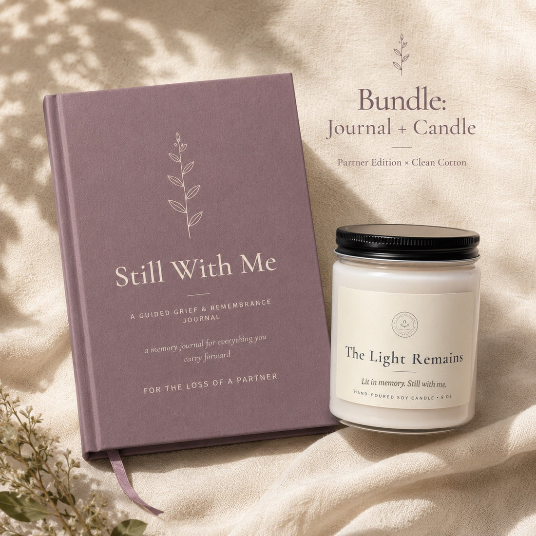 Still With Me gift set: the Partner edition grief journal with The Light Remains memorial soy candle (Clean Cotton) on linen