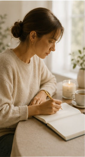 A woman writes in an open journal at a sunlit table, with a candle and coffee cup beside her