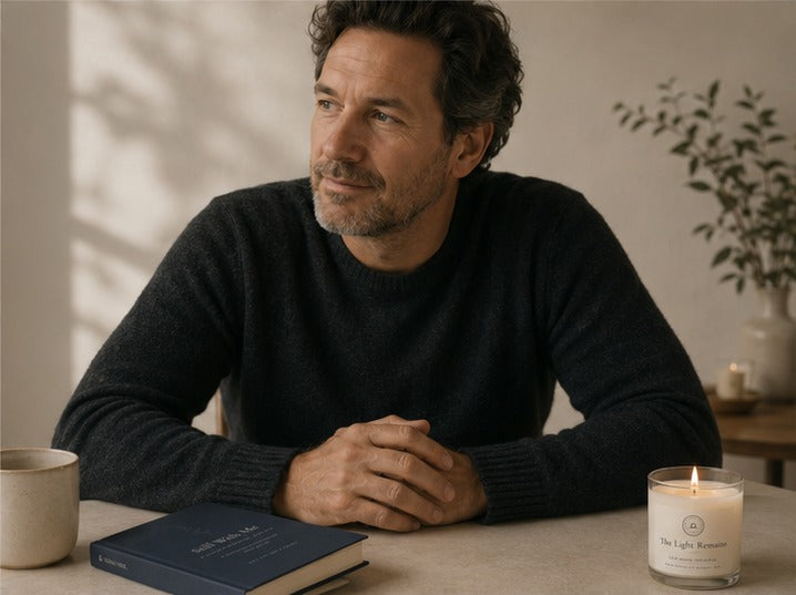 A man sits at a table with his hands folded, a remembrance journal and lit candle beside him