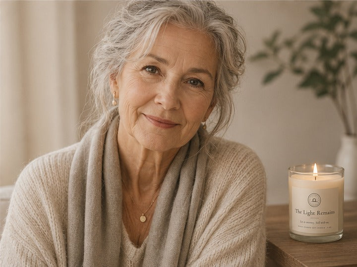 Close portrait of an older woman smiling gently, with a lit memorial candle beside her