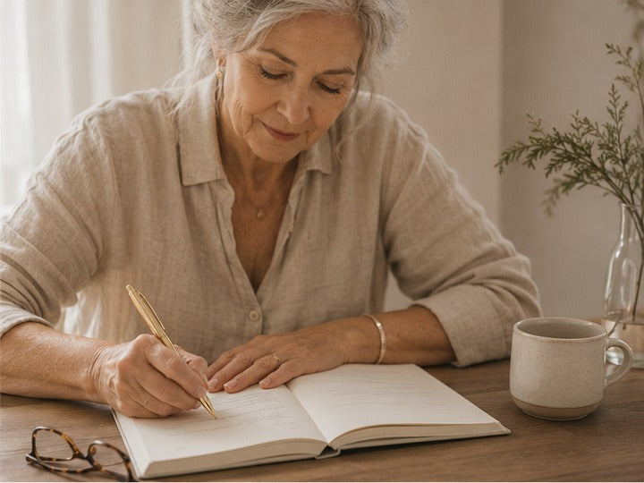 An older woman writes in an open journal at a wooden table, glasses resting beside her