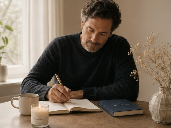 A man writes in an open journal at a table, with a candle, coffee, and the closed journal beside him