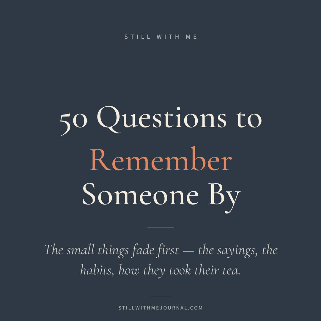 Cream and navy card reading 50 Questions to Remember Someone By.