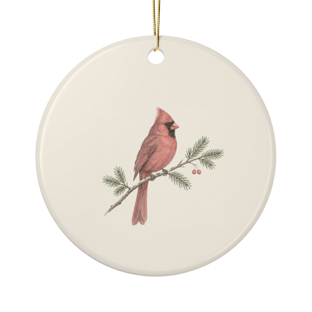 Personalized cardinal memorial ornament, front: a hand-drawn red cardinal on a pine branch with berries