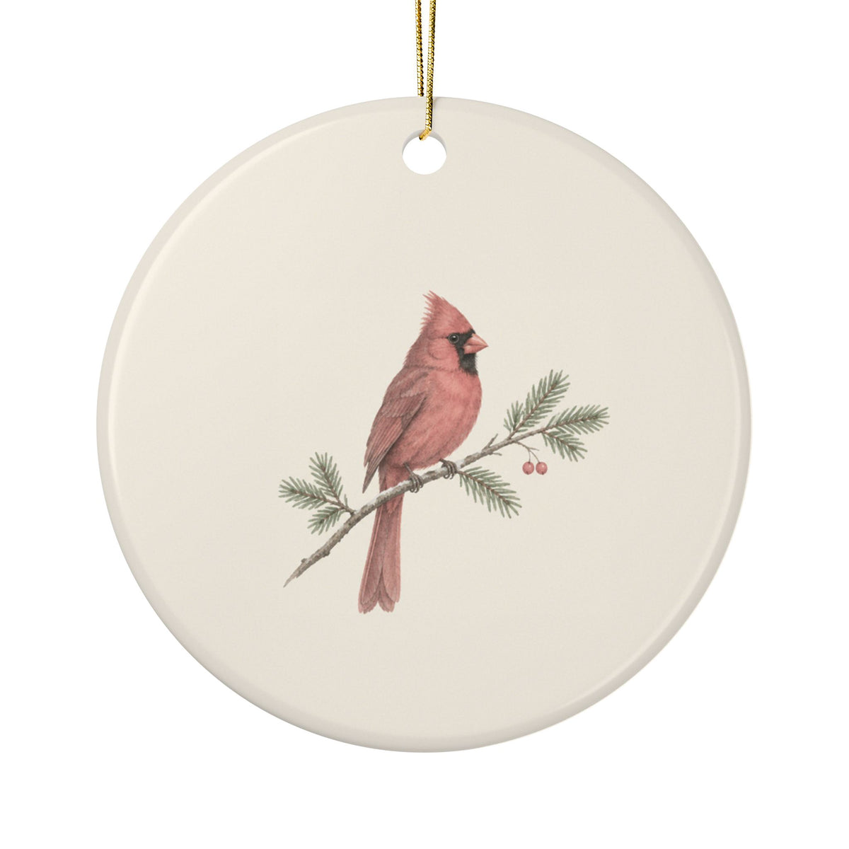 Personalized cardinal memorial ornament, front: a hand-drawn red cardinal on a pine branch with berries