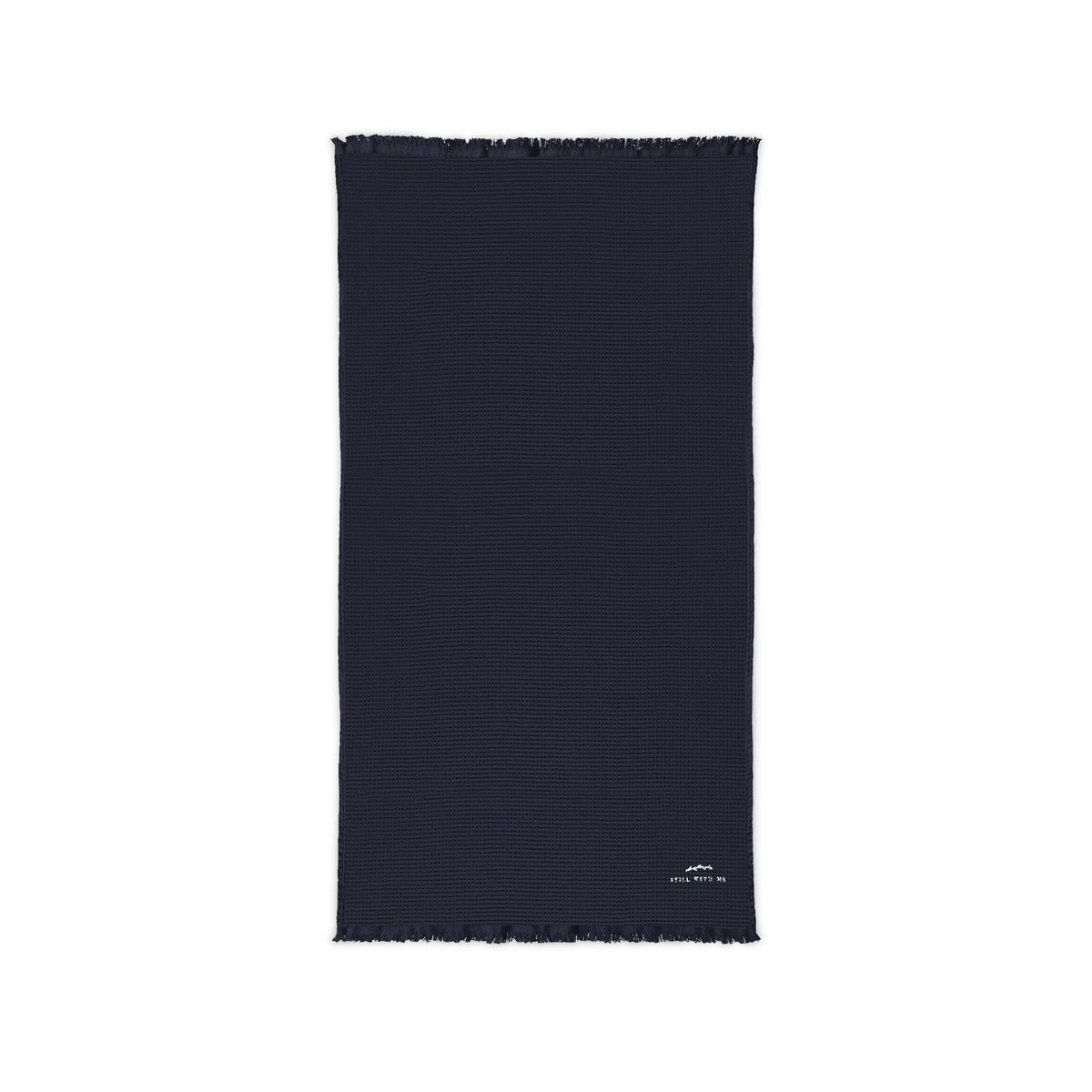 Navy cotton waffle memorial throw blanket with fringed ends and small grey embroidered sprig with STILL WITH ME