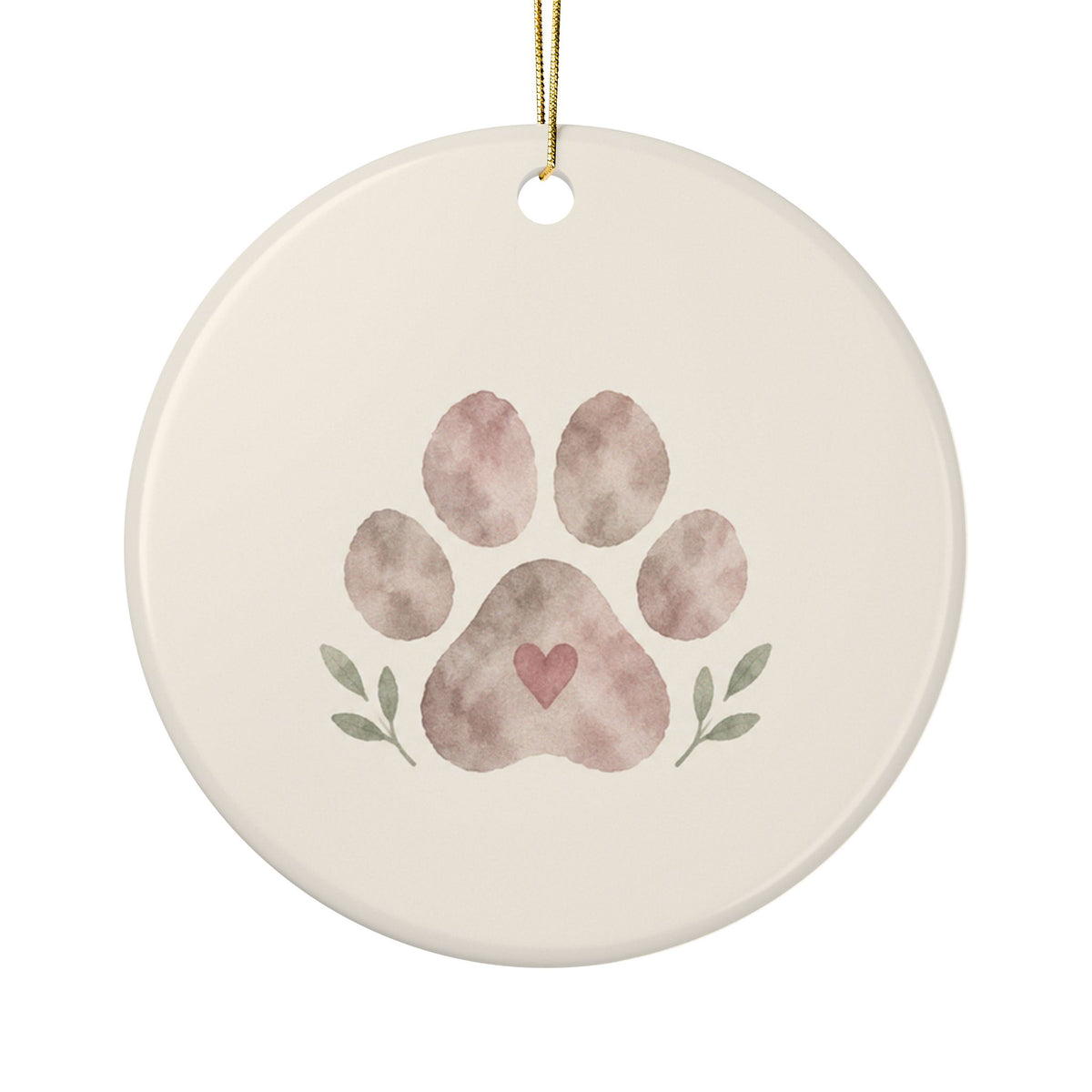 Personalized paw print pet memorial ornament, front: a hand-painted paw print with a small heart