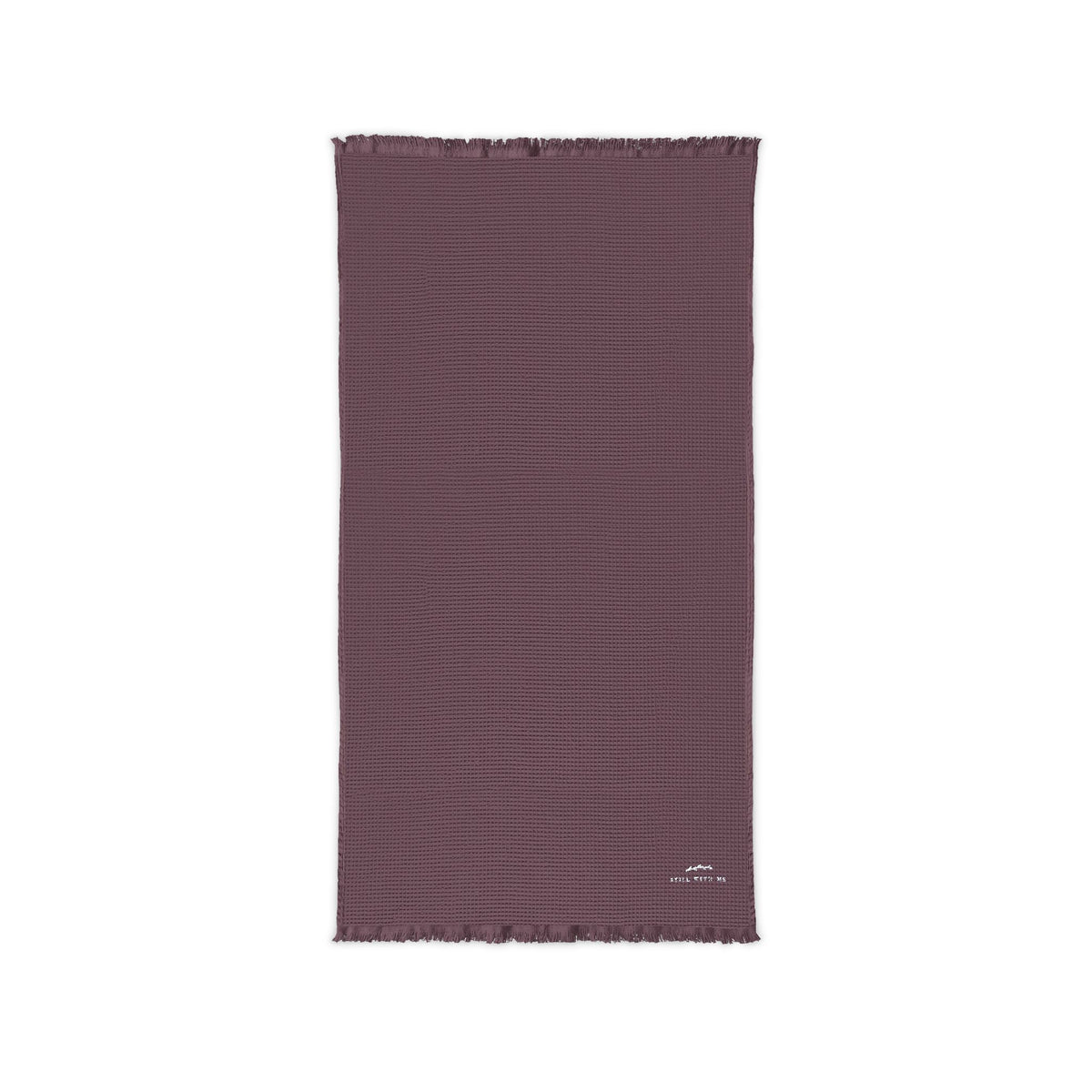 Dusky orchid cotton waffle memorial throw blanket with fringed ends and small grey embroidered sprig with STILL WITH ME
