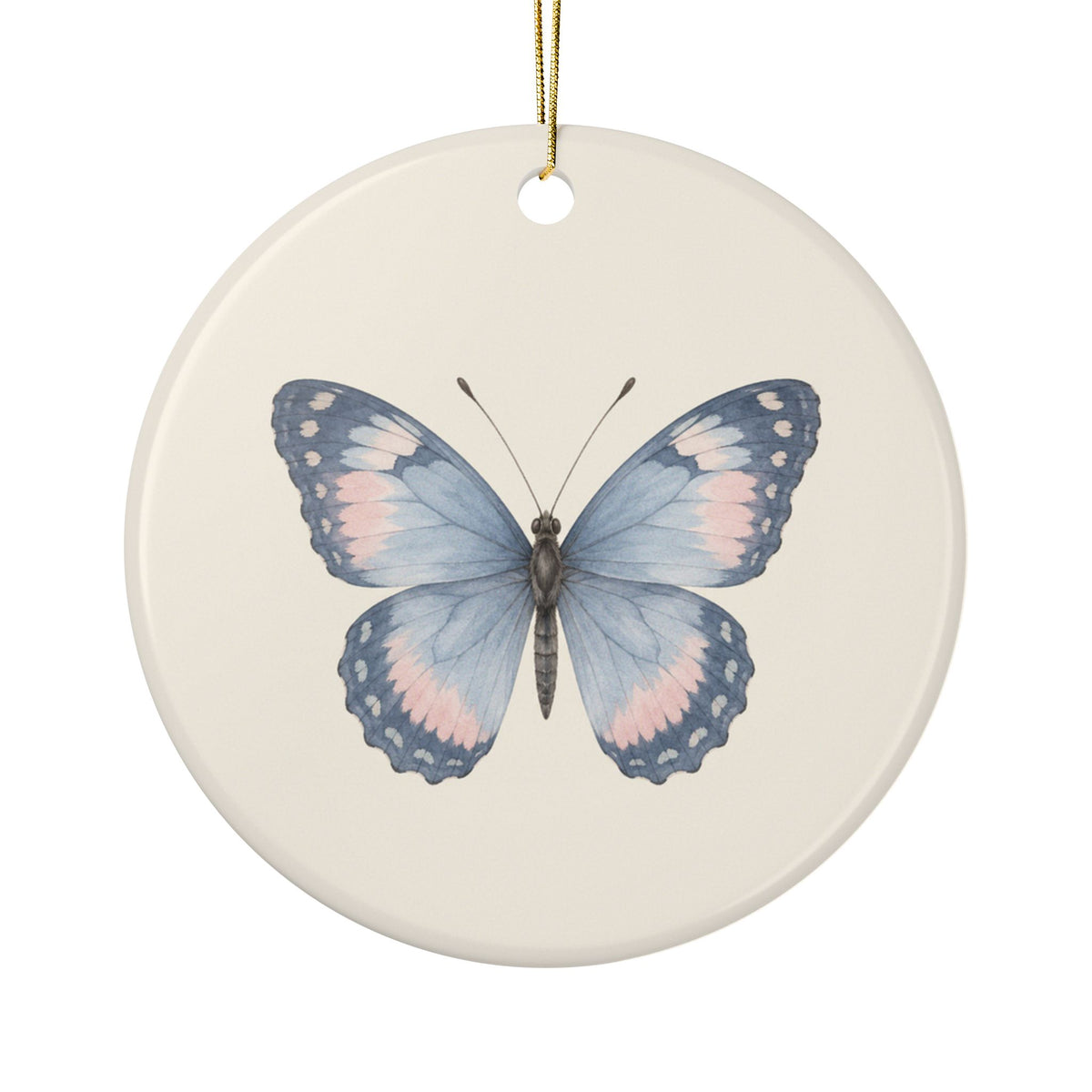 Personalized butterfly memorial ornament, front: a hand-painted butterfly in dusty blue and soft blush