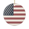 Personalized American flag memorial ornament, front: the flag in muted red, ivory and navy