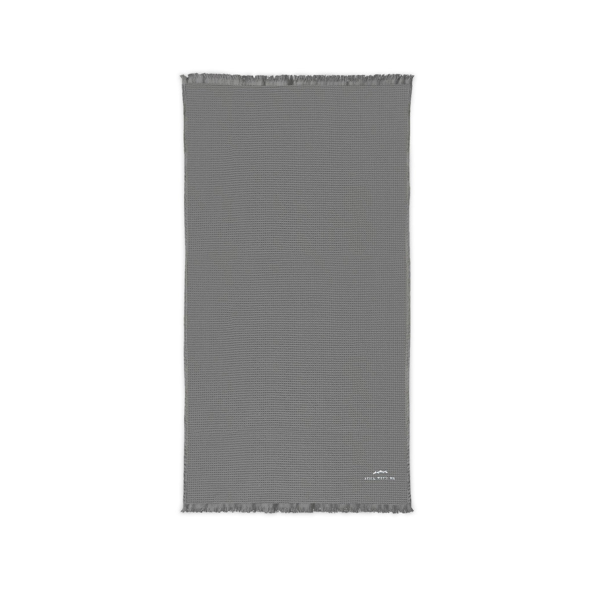 Grey cotton waffle memorial throw blanket with fringed ends and small grey embroidered sprig with STILL WITH ME