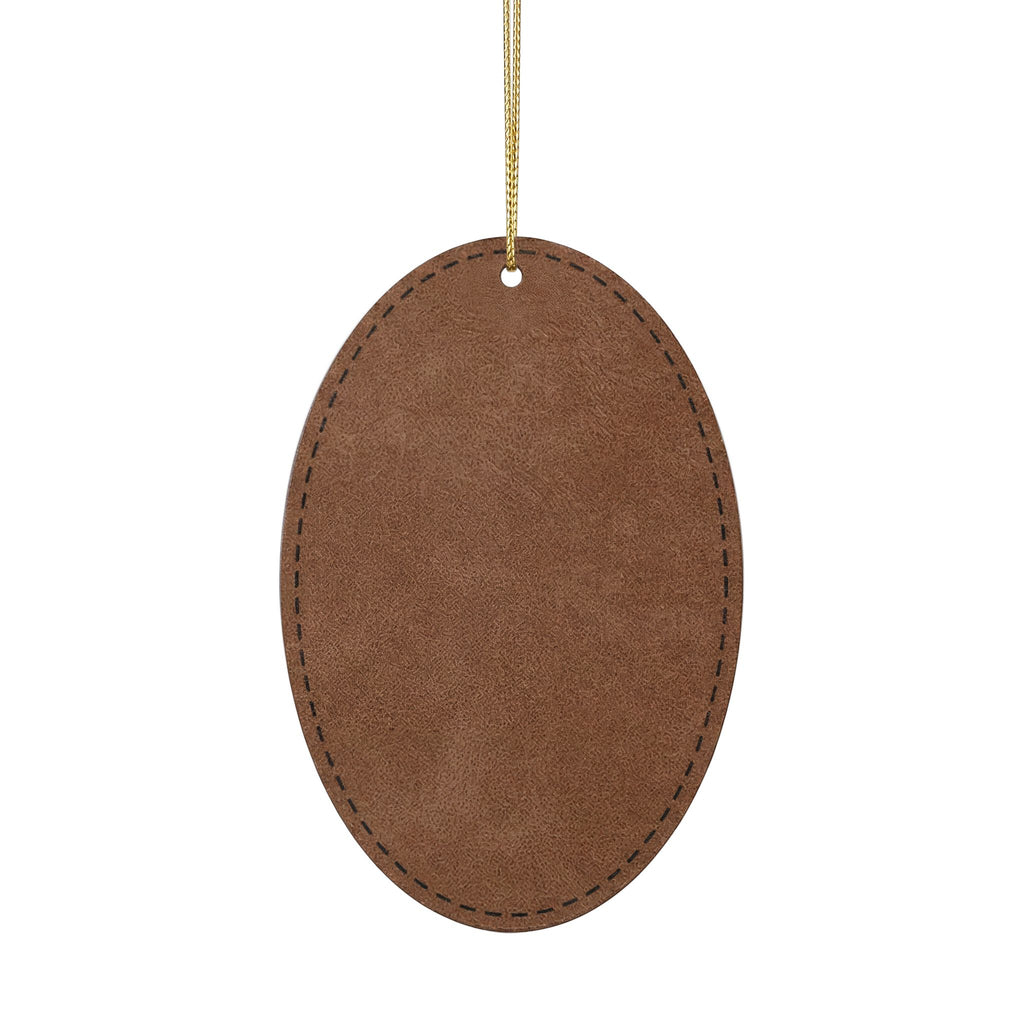 Back of the dark brown leather memorial ornament with gold hanging string