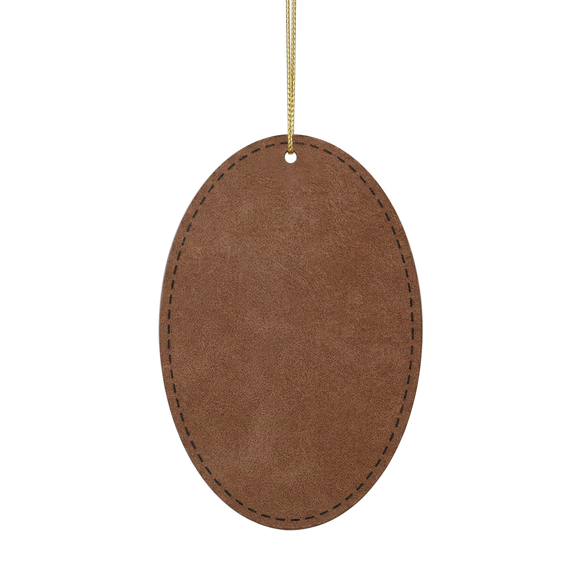 Back of the dark brown leather memorial ornament with gold hanging string