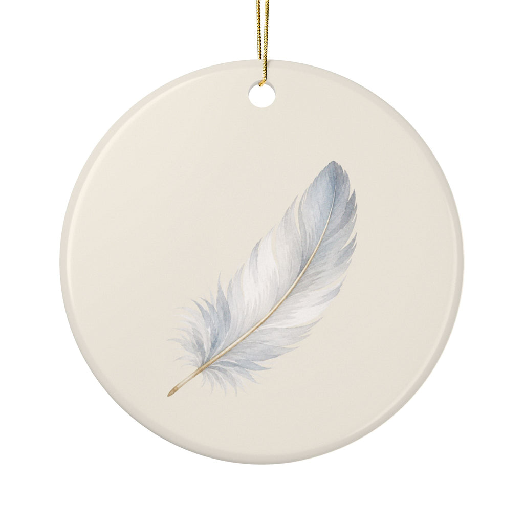 Personalized feather memorial ornament, front: a soft hand-painted feather in white and dusty blue