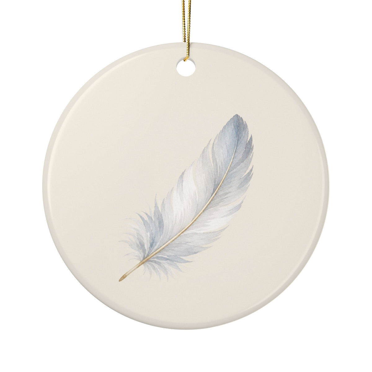 Personalized feather memorial ornament, front: a soft hand-painted feather in white and dusty blue
