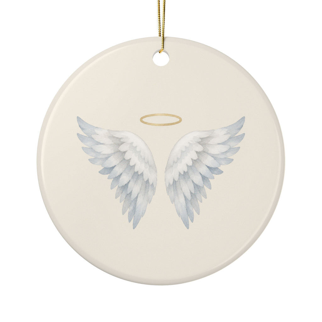 Personalized angel wings memorial ornament, front: hand-painted angel wings with a small gold halo