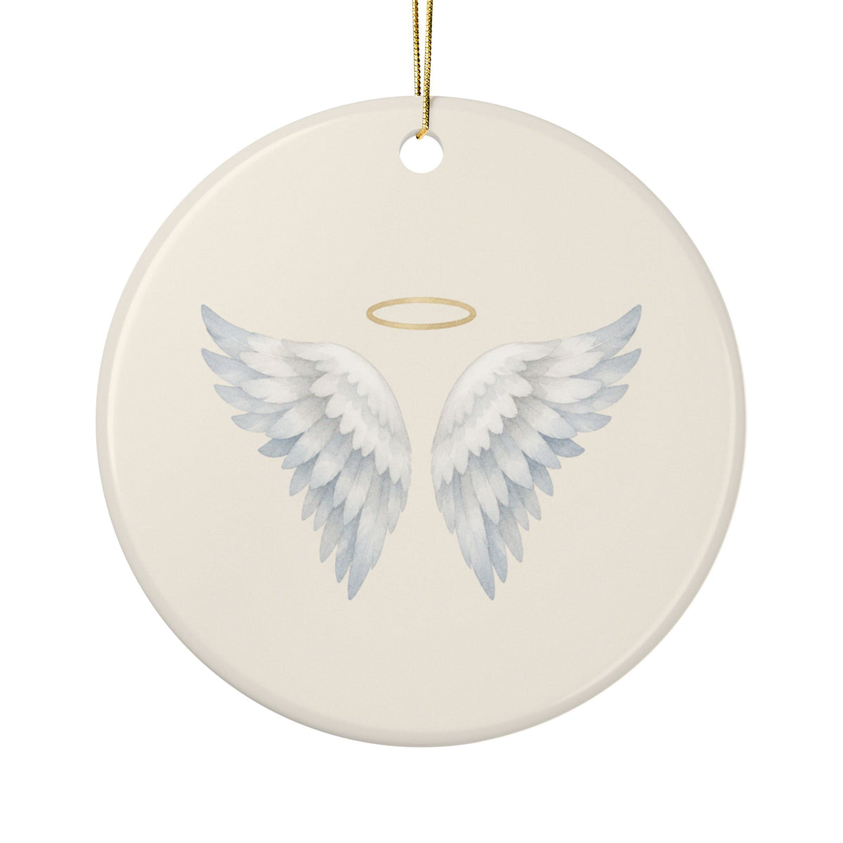 Personalized angel wings memorial ornament, front: hand-painted angel wings with a small gold halo