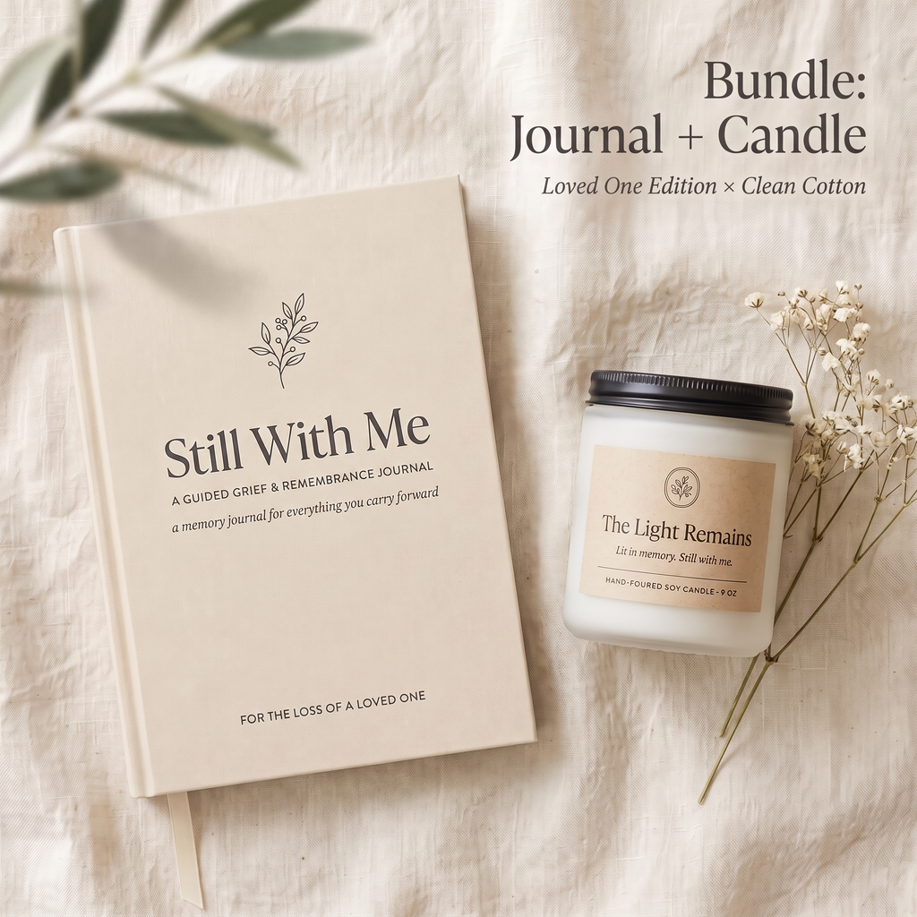 Light a Candle Set — Loved One Edition journal with The Light Remains candle (Clean Cotton)