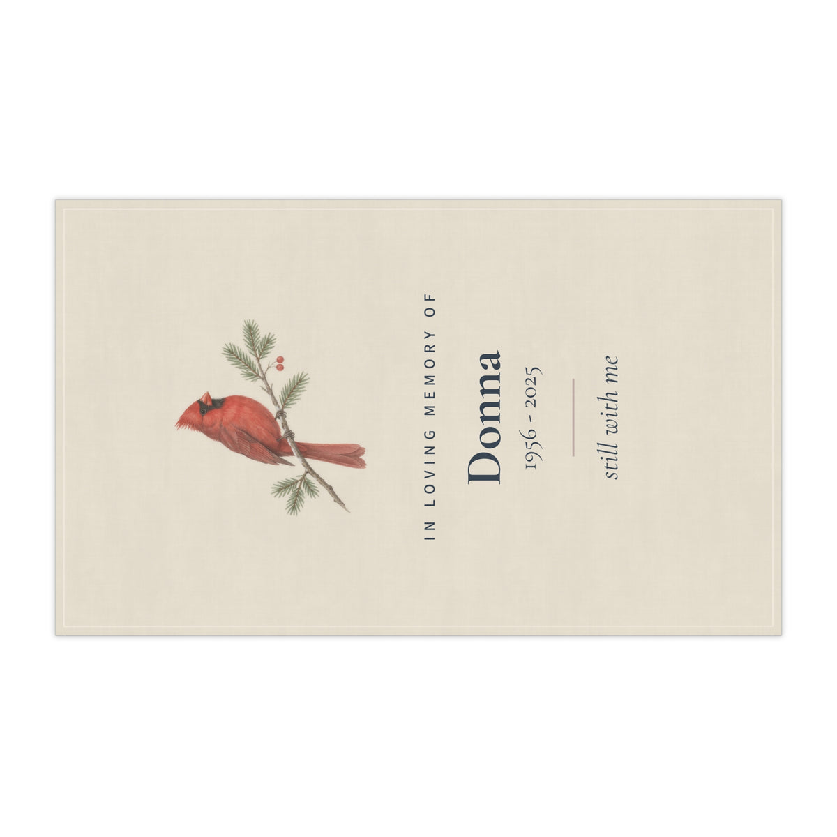 Cardinal memorial tea towel laid out horizontally, showing the full design with the name Donna