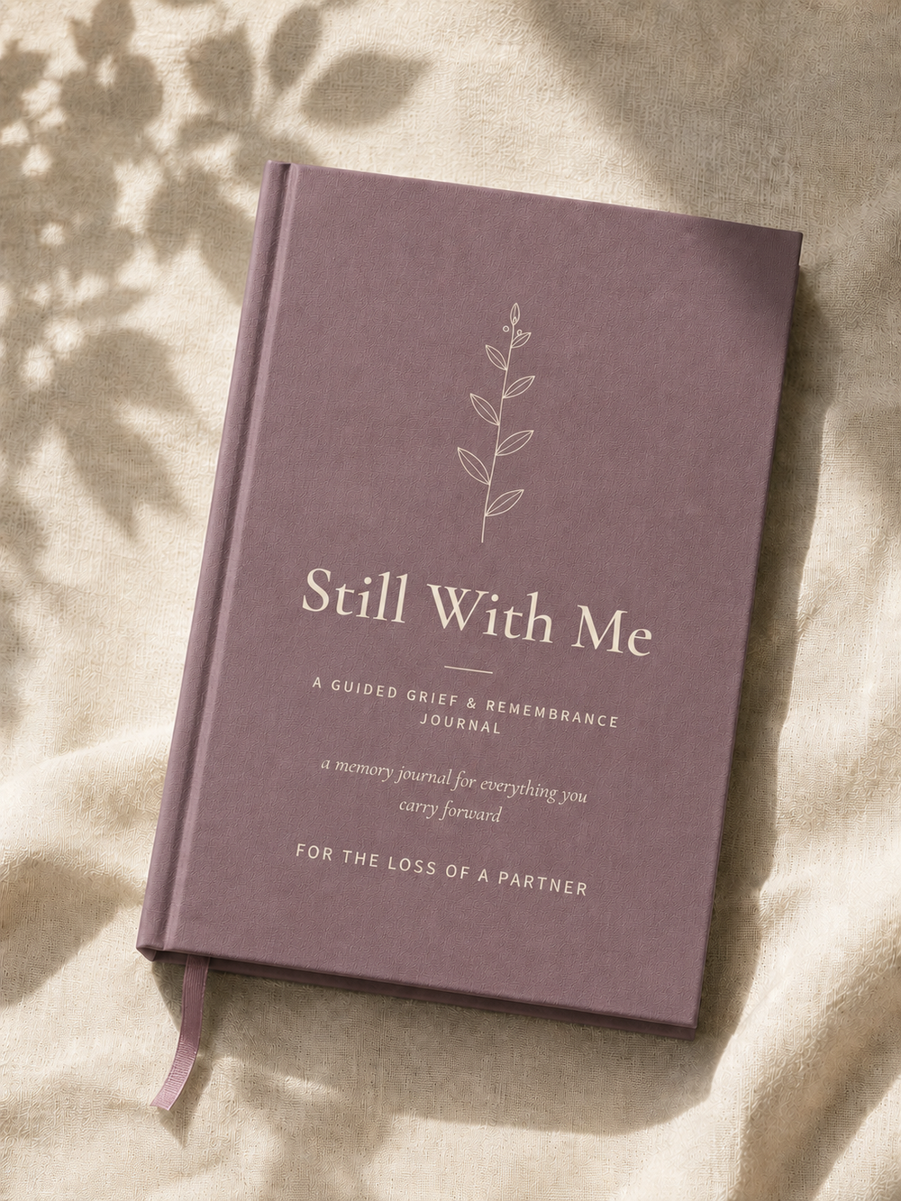 Still With Me guided grief and remembrance journal for the loss of a partner, plum linen hardcover