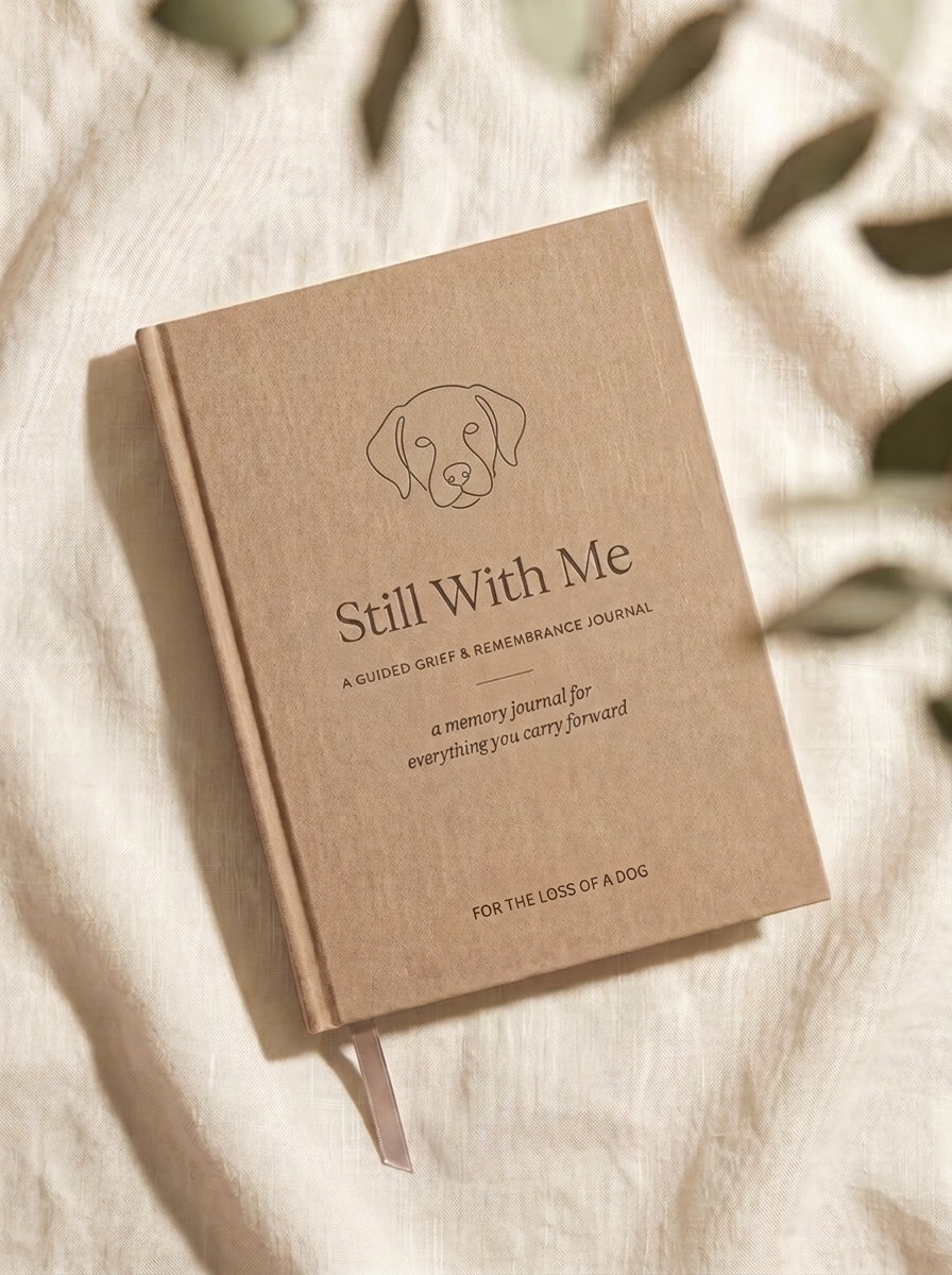 Still With Me — For the Loss of a Dog. Camel linen memorial journal with a fine-line dog emblem.