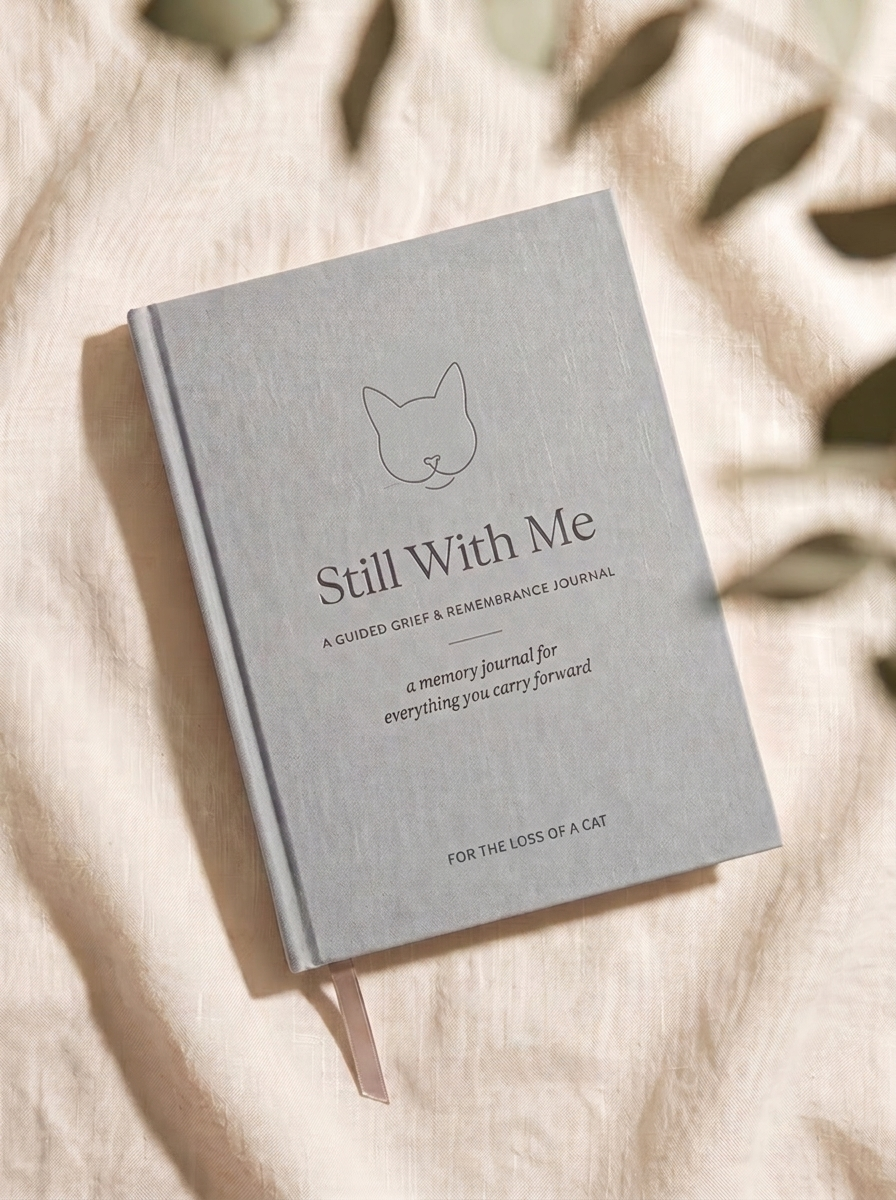 Still With Me — For the Loss of a Cat. Silver-grey linen memorial journal with a fine-line cat emblem.