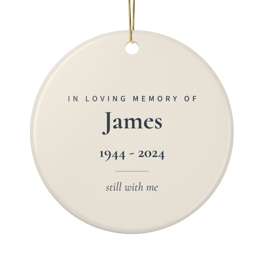 Back of the American flag memorial ornament: In Loving Memory Of, the name James, 1944 - 2024 and the words still with me