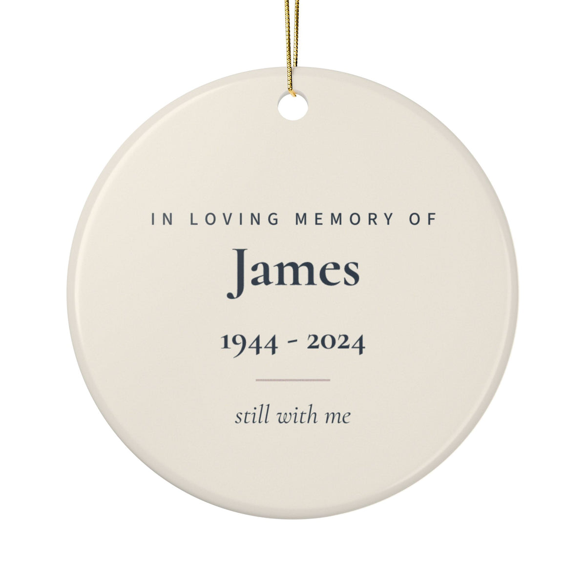 Back of the American flag memorial ornament: In Loving Memory Of, the name James, 1944 - 2024 and the words still with me