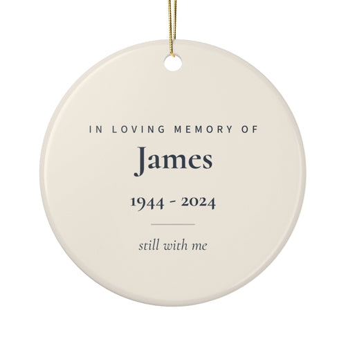 Back of the American flag memorial ornament: In Loving Memory Of, the name James, 1944 - 2024 and the words still with me