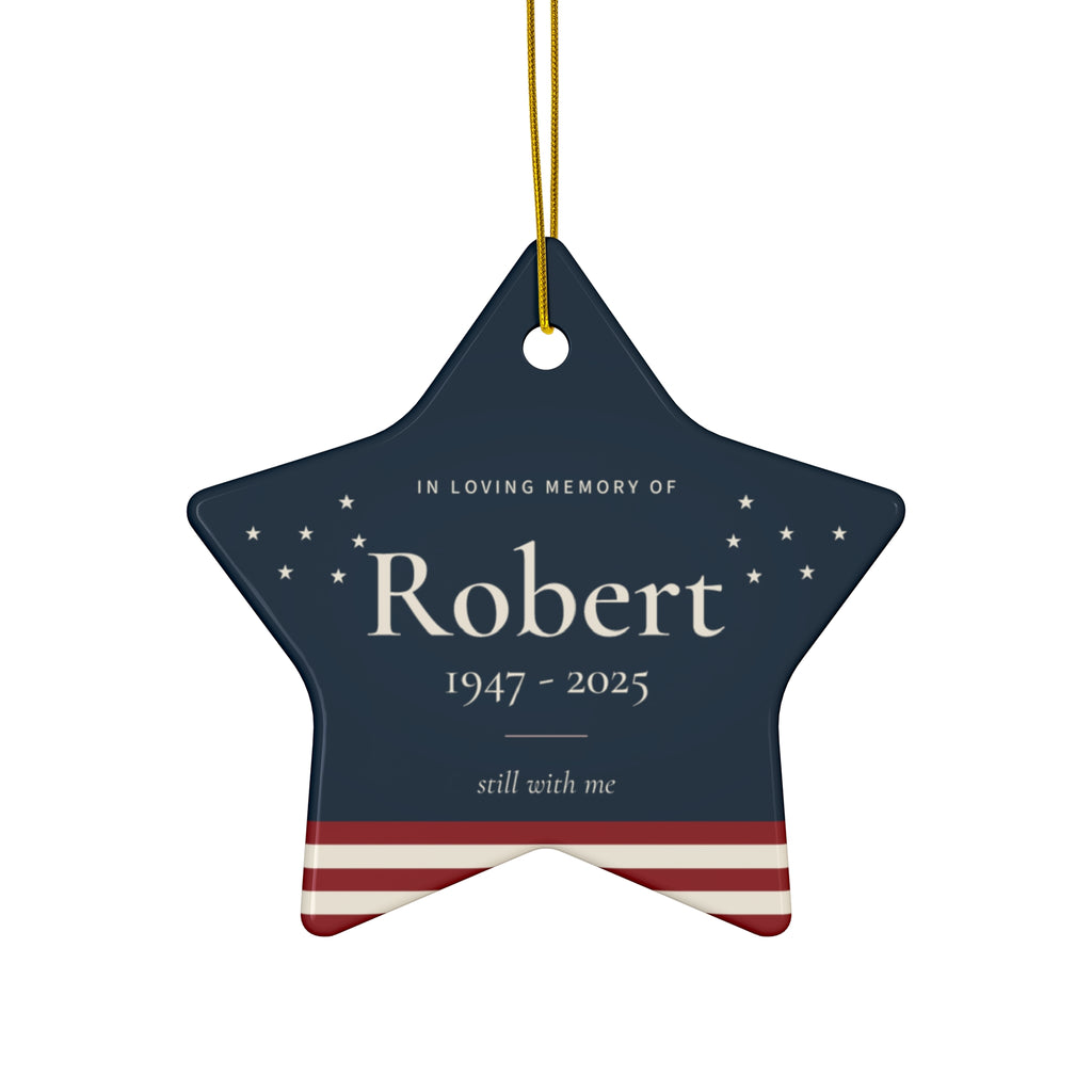 Personalized American flag star memorial ornament with stars, stripes, the name Robert and 1947 - 2025