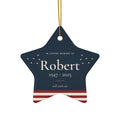 Personalized American flag star memorial ornament with stars, stripes, the name Robert and 1947 - 2025