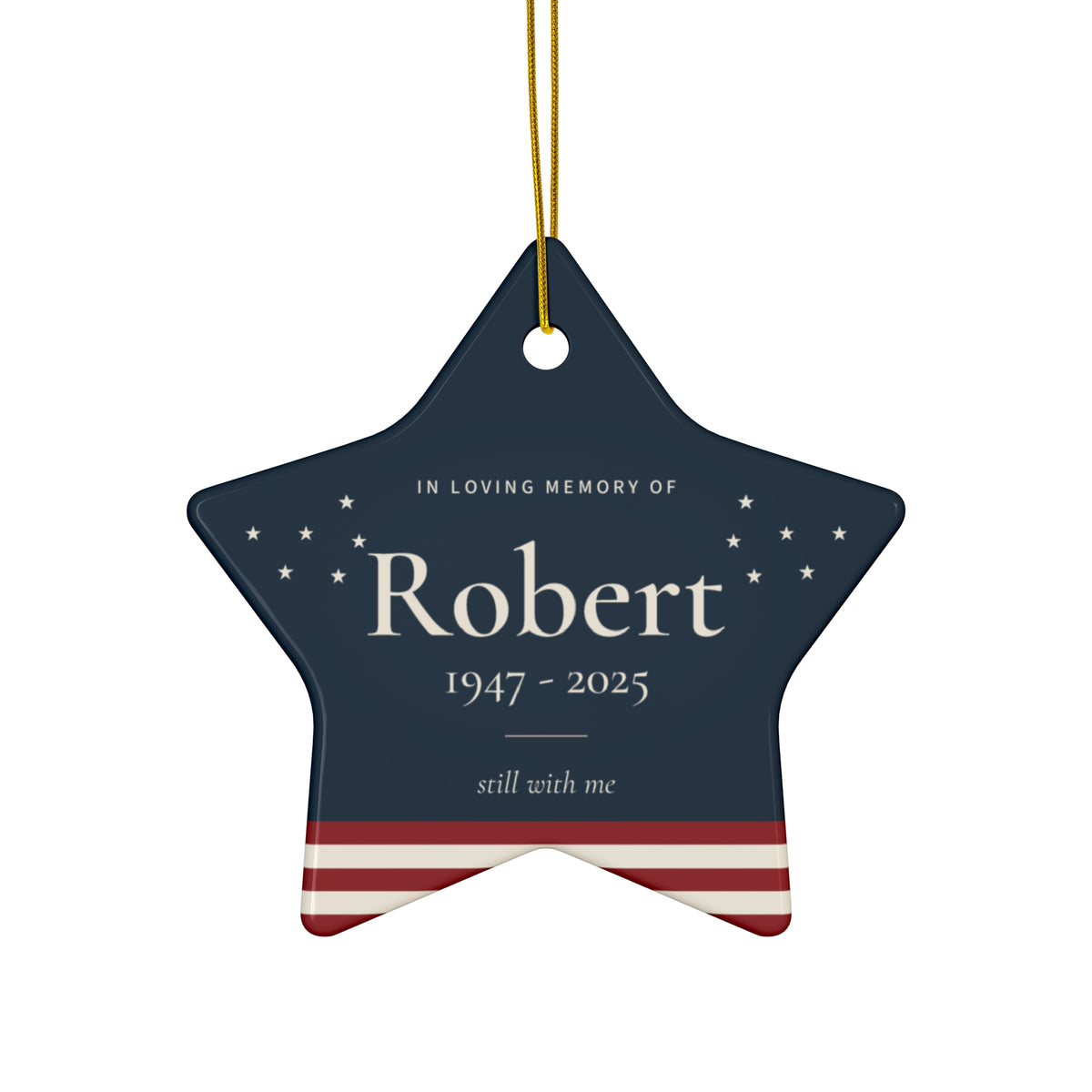 Personalized American flag star memorial ornament with stars, stripes, the name Robert and 1947 - 2025