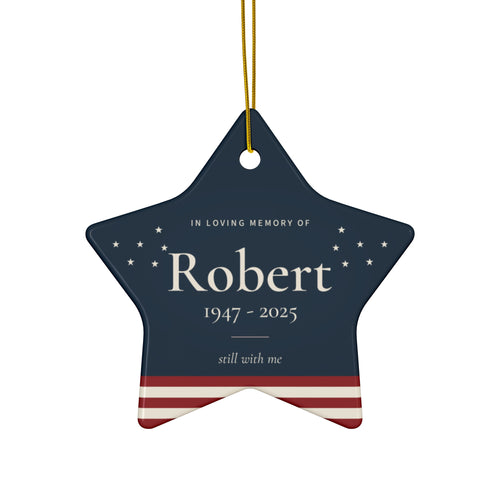 Personalized American flag star memorial ornament with stars, stripes, the name Robert and 1947 - 2025