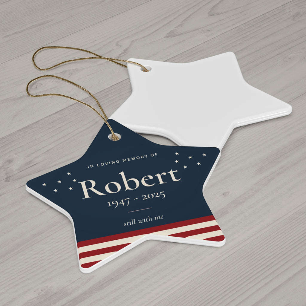 American flag ceramic star memorial ornament for Robert with gold string, printed front and white back