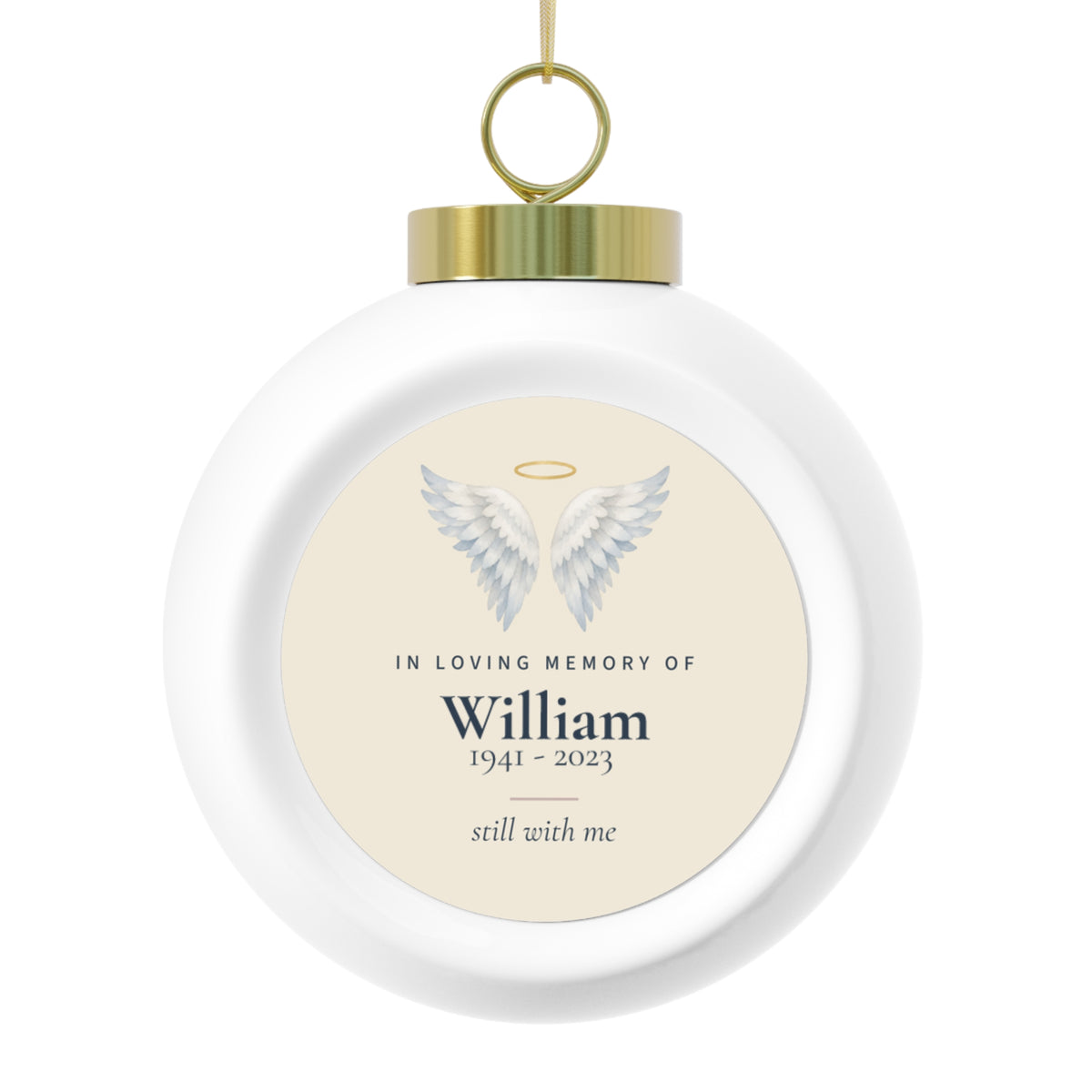Angel wings memorial Christmas ball ornament personalized with the name William and dates 1941 - 2023, Bells decor