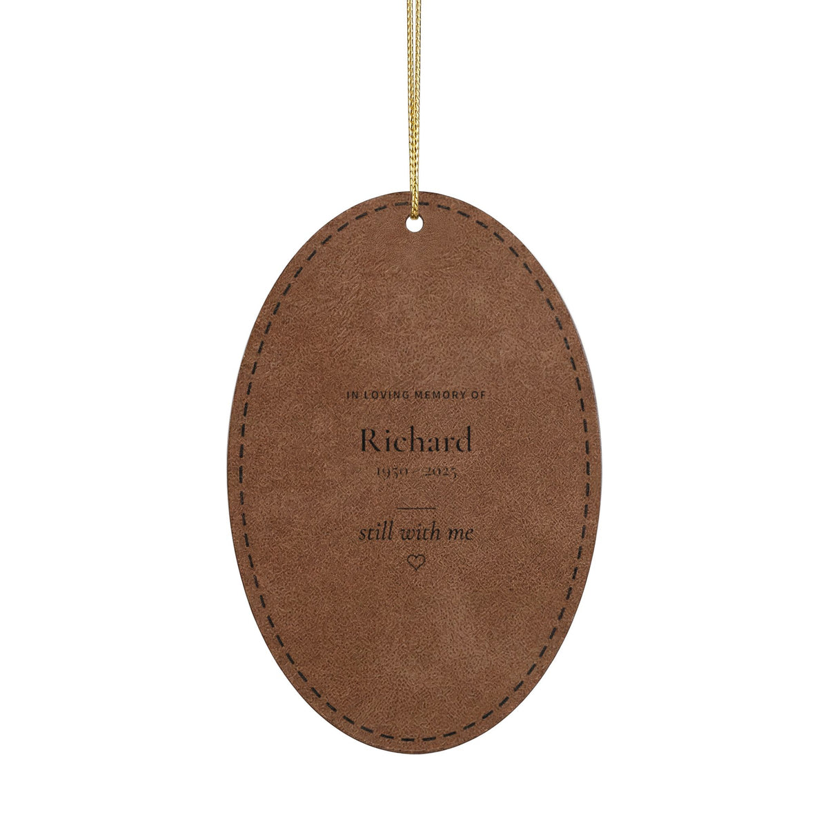 Engraved dark brown leather memorial ornament In Loving Memory Of with the name Richard and years 1950 - 2025