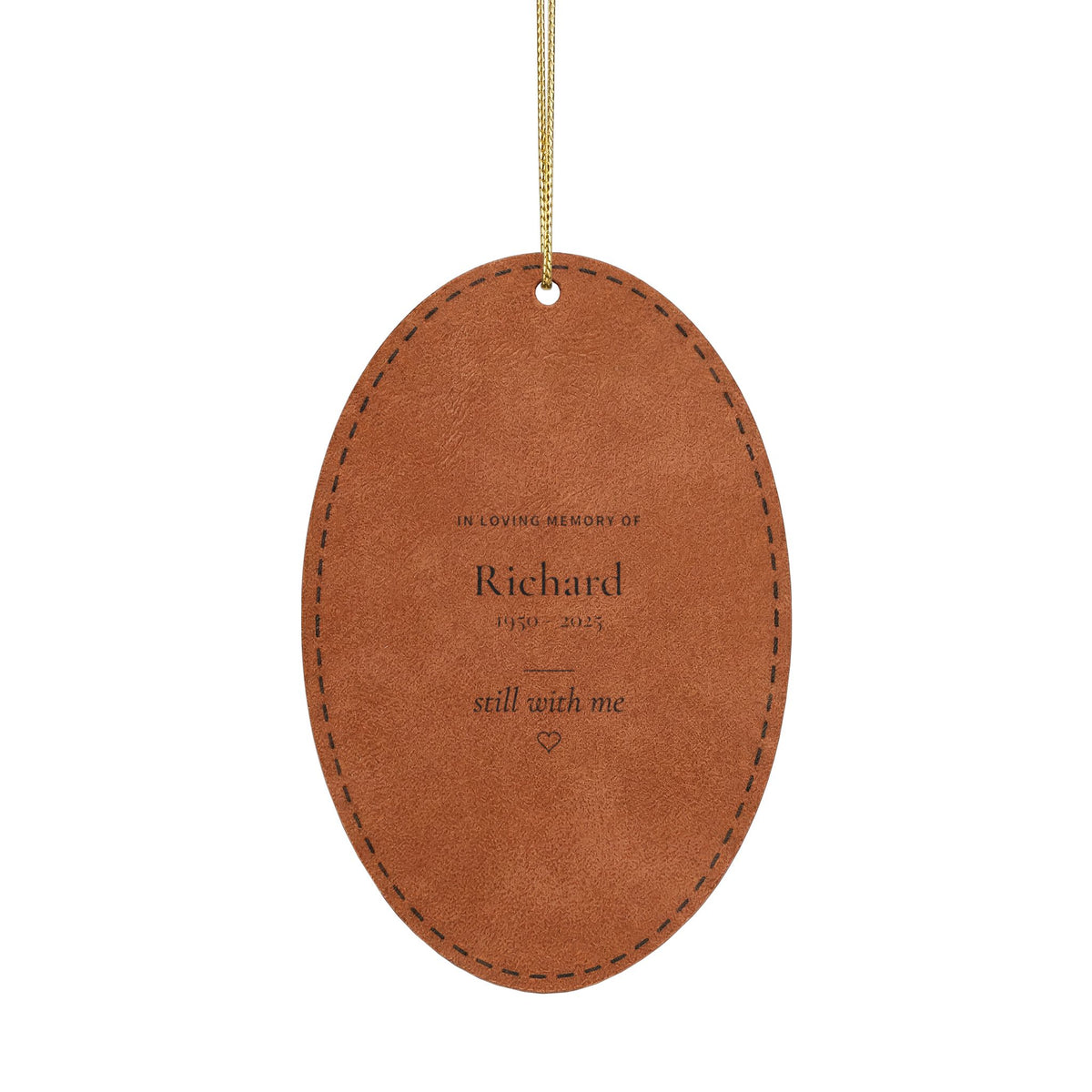Personalized engraved leather memorial ornament in rawhide with the name Richard and dates 1950 - 2025, oval Christmas tree keepsake