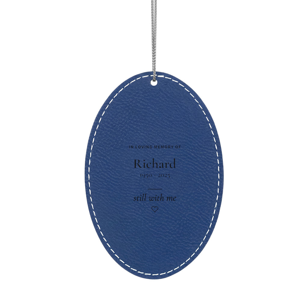 Personalized blue leatherette memorial ornament with silver string, engraved with Richard and still with me