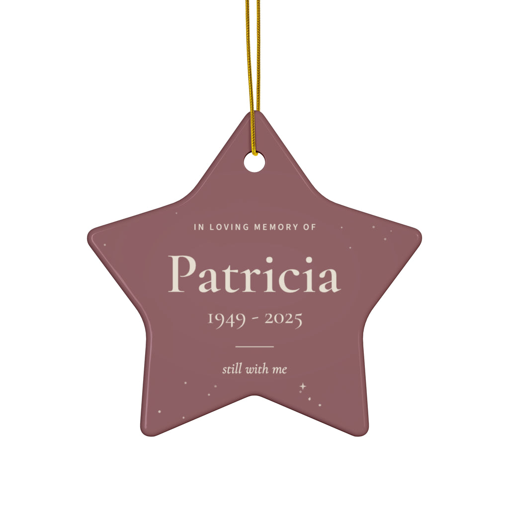 Personalized star memorial ornament in old rose with the name Patricia and 1949 - 2025
