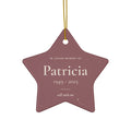 Personalized star memorial ornament in old rose with the name Patricia and 1949 - 2025