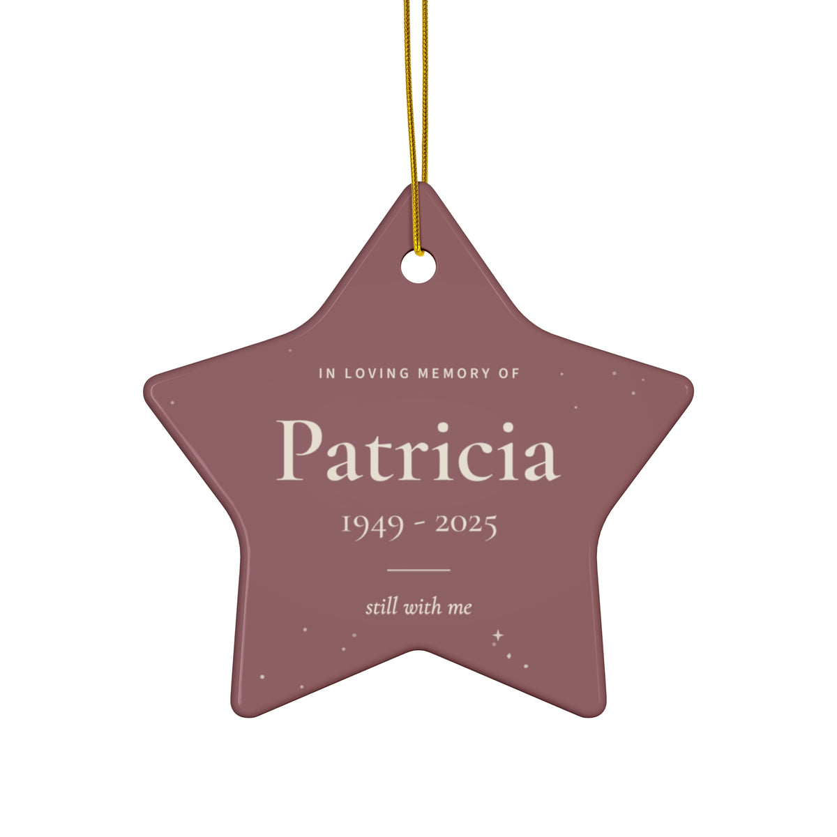 Personalized star memorial ornament in old rose with the name Patricia and 1949 - 2025