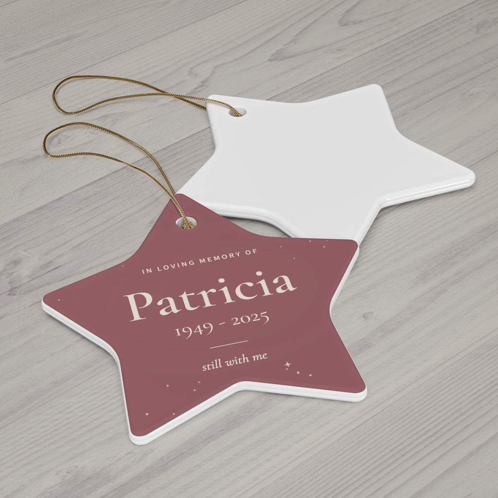 Old rose ceramic star memorial ornament for Patricia with gold string, printed front and white back