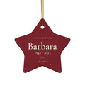Personalized star memorial ornament in Christmas red with the name Barbara and 1942 - 2023