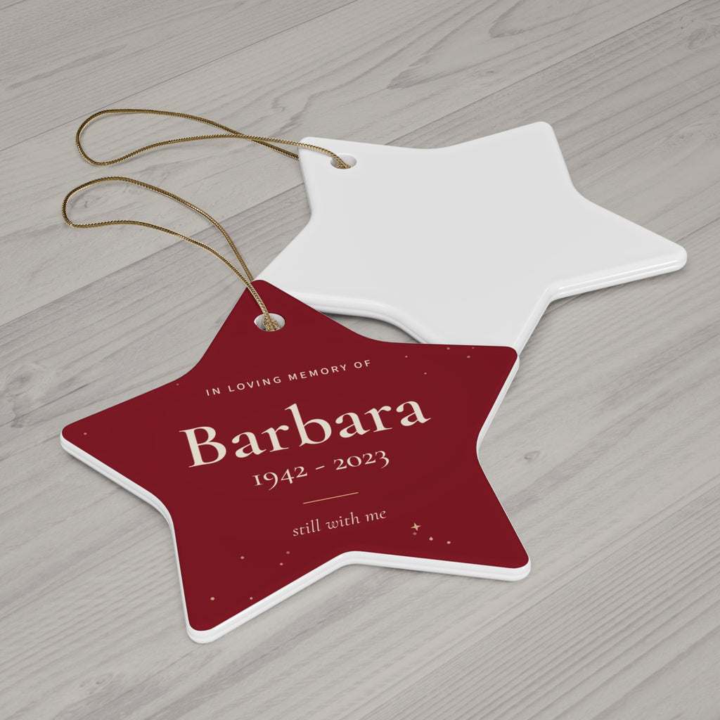 Red ceramic star memorial ornament for Barbara with gold string, printed front and white back