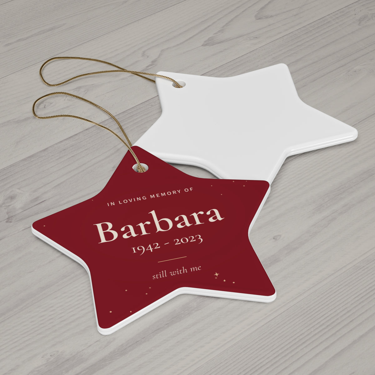 Red ceramic star memorial ornament for Barbara with gold string, printed front and white back