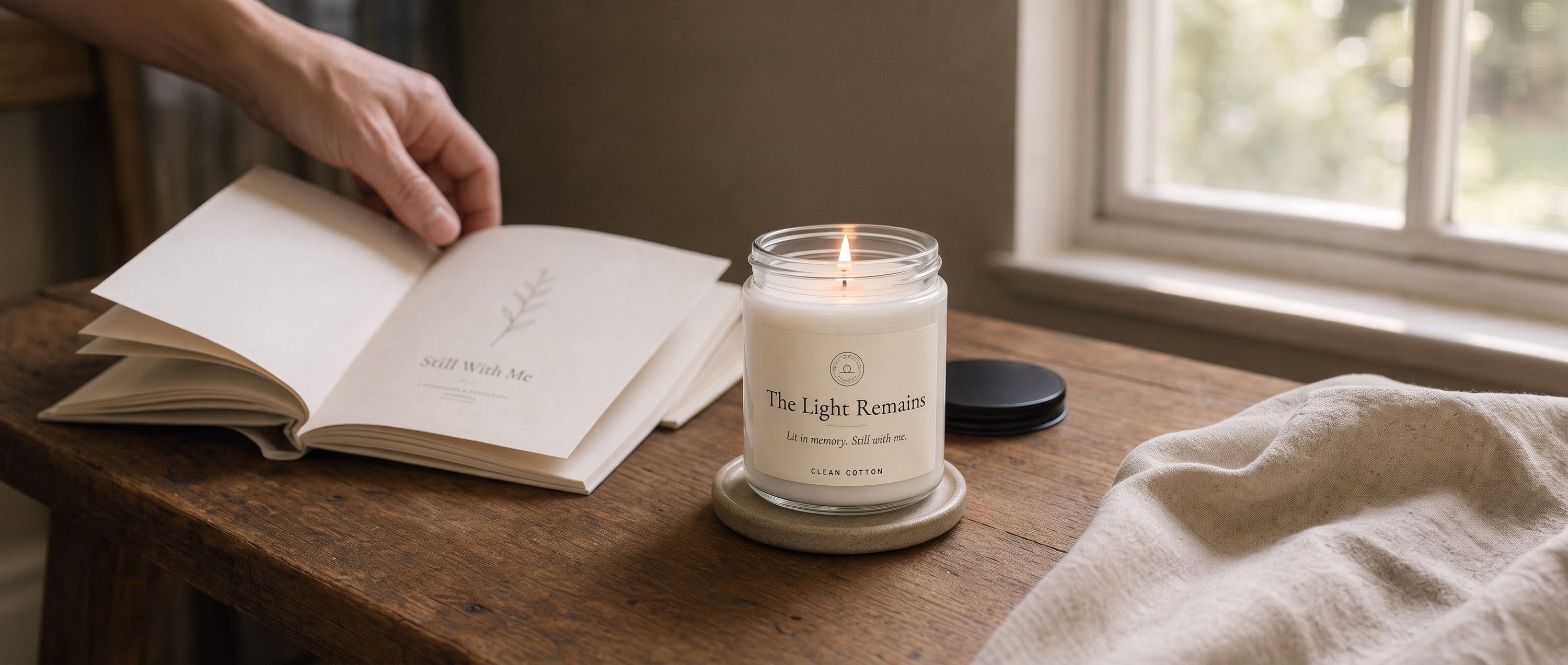 The Light Remains — Gedenkkerze aus Sojawachs burning beside an open Still With Me journal
