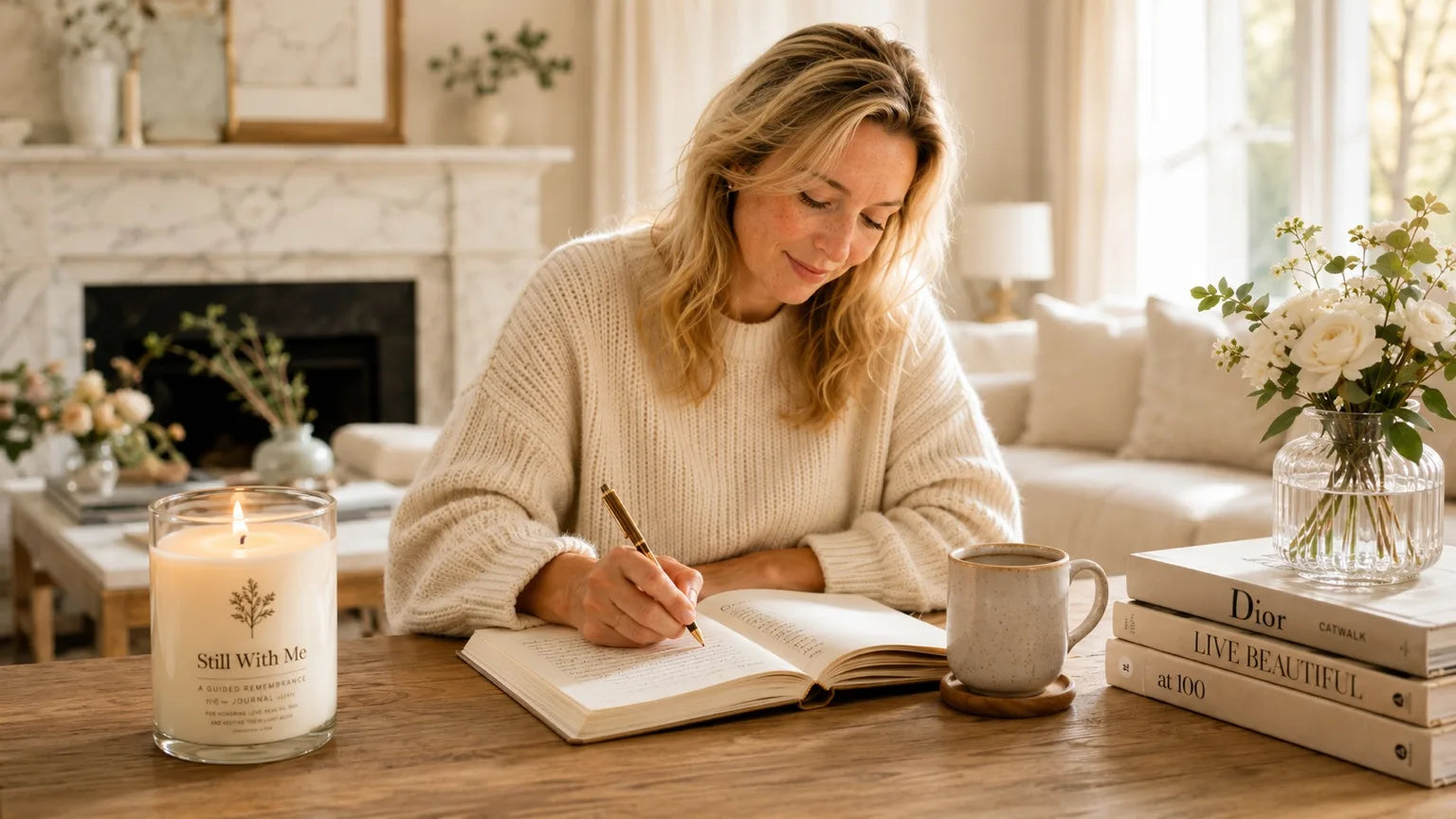 Een vrouw schrijft in het Still With Me-dagboek aan een houten tafel, met een brandende herdenkingskaars naast zich